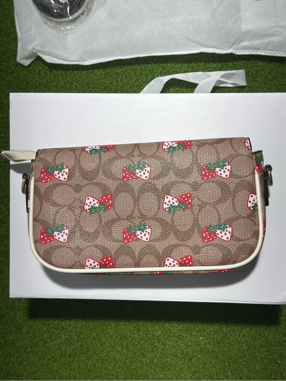 Coach Tan Signature Strawberry Print Crossbody with Cream Trim